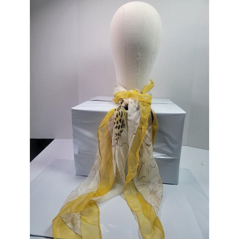 Vintage Sheer Silk Scarf Yellow Floral Big Cat Tiger Leopard Lion Square 35x35